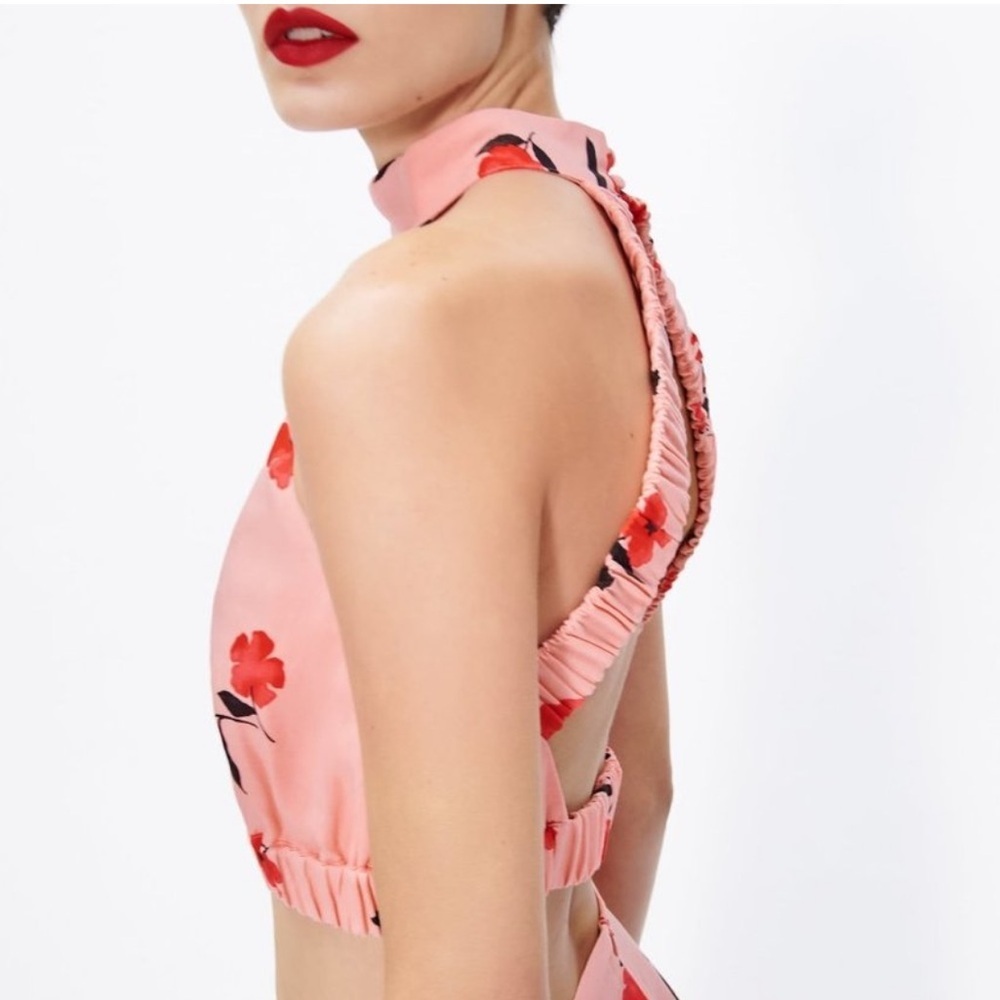 Zara Pink Poppy Floral Halter Crop Top Linen Blend Summer Vacation Backless - Picture 5 of 8